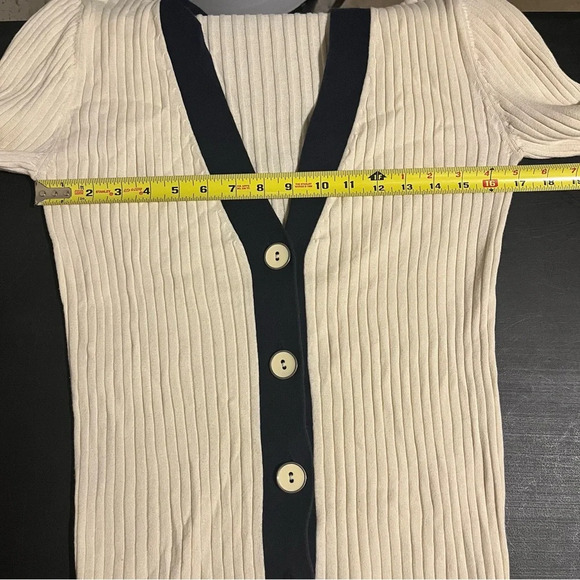 Old Navy Size L Beige Navy Grandpa Sweater V Neck Long Cardigan Ribbed Stretch - Picture 7 of 8